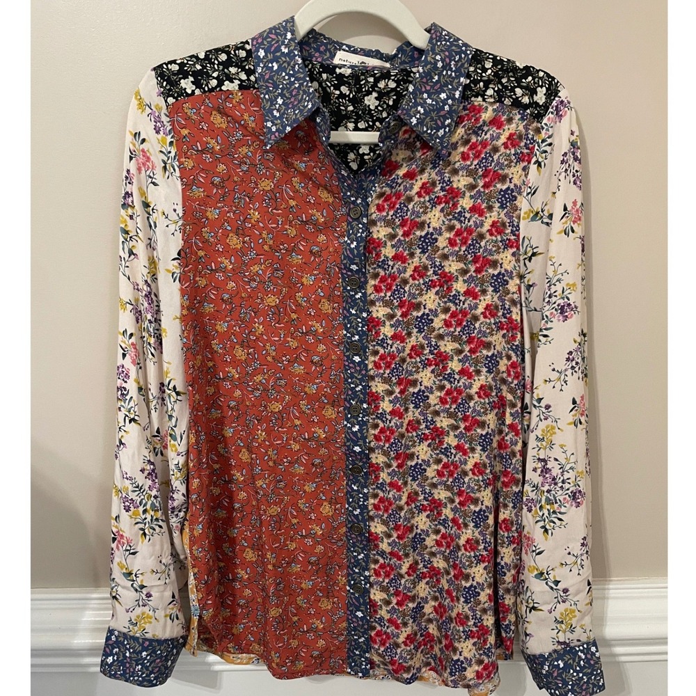Natural Life Boho Mixed Floral Patchwork Button Down Rayon Shirt Size S